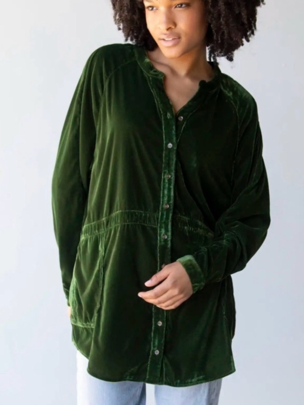 Natural Life Women’s Laid Back Velvet Green Button Down Top Size XL